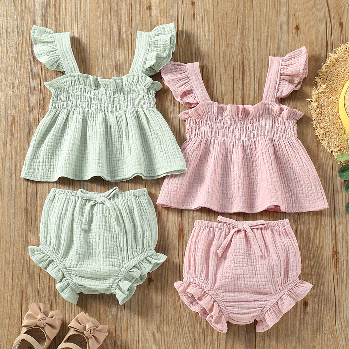 Muslin Ruffle Tank Top and Bloomer Matching Set for Baby Girls
