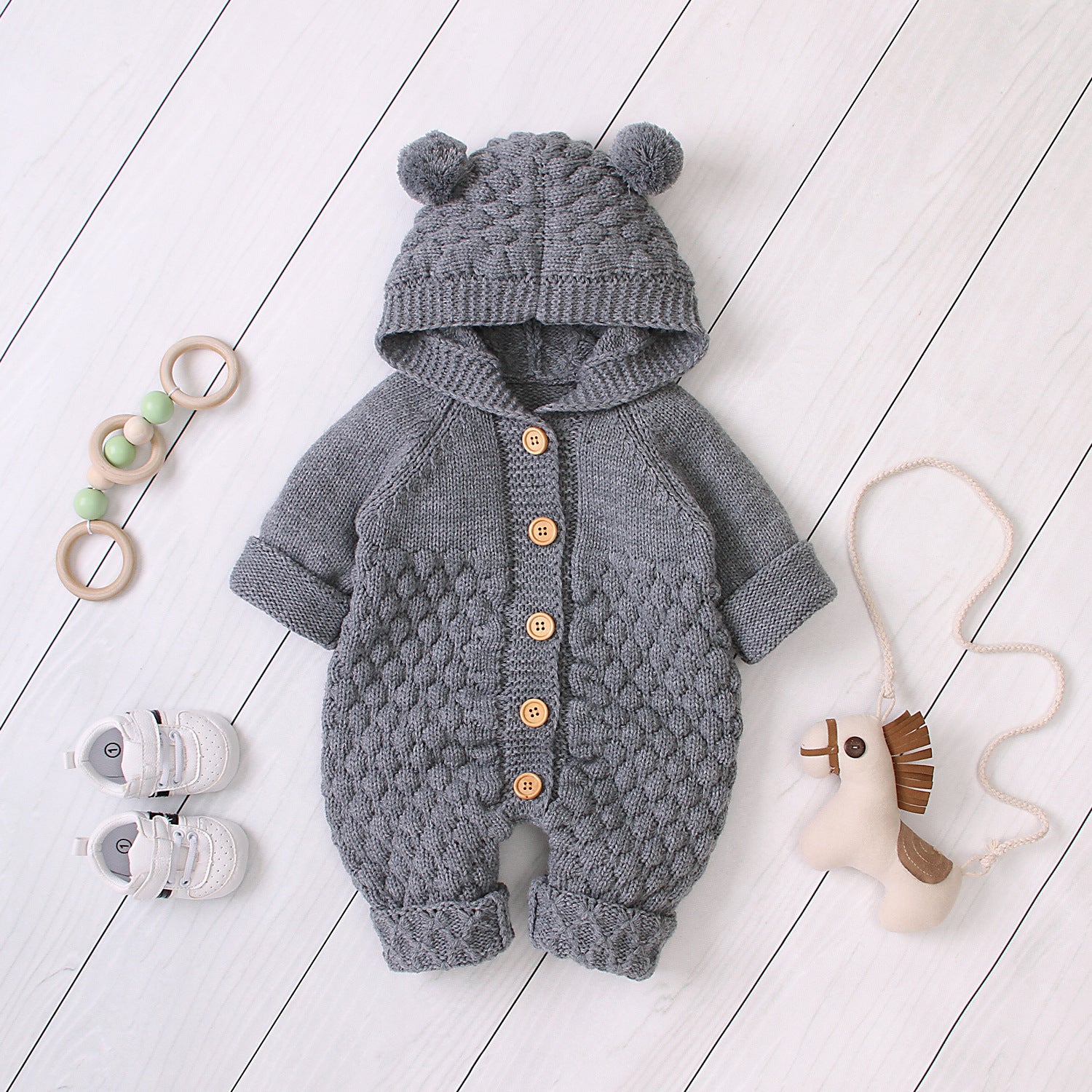 Knitted Baby Bear Hooded Jumpsuit