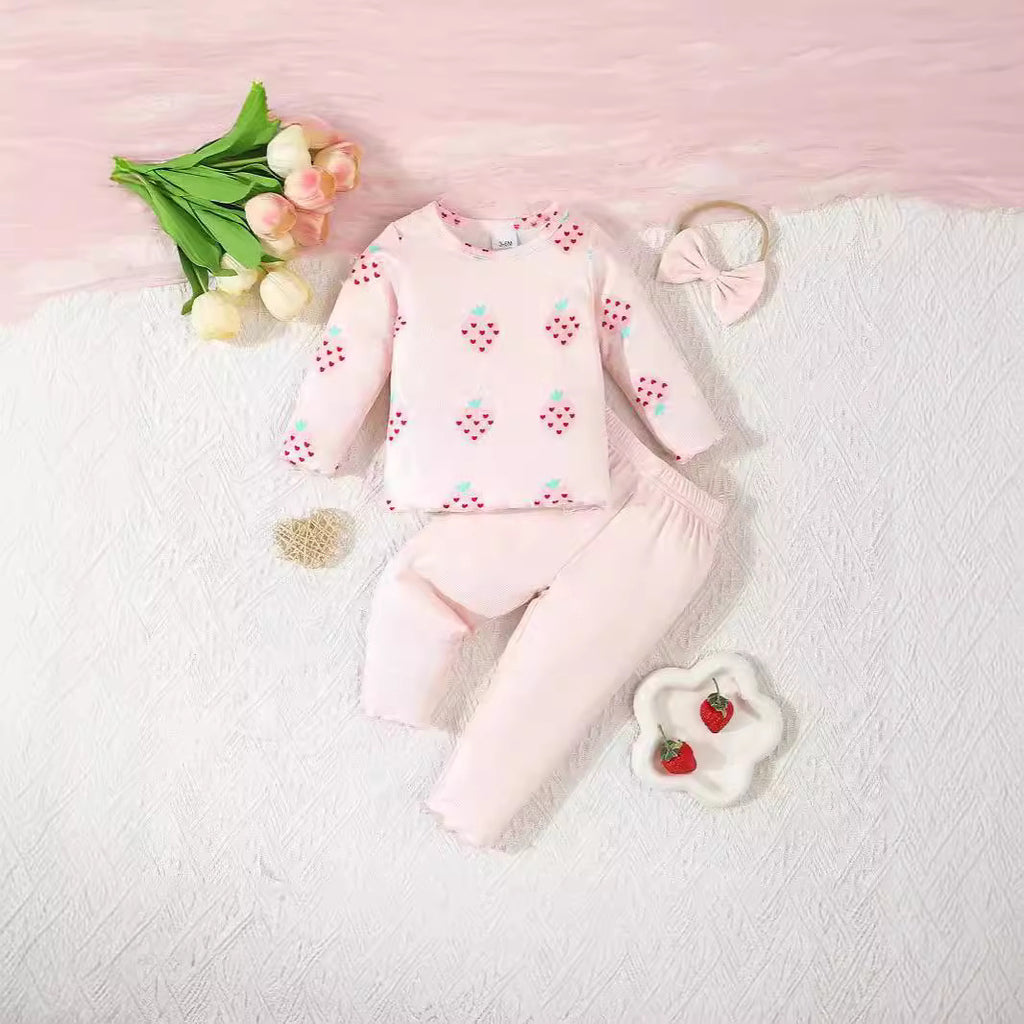 Strawberry Long Sleeve Top Set for Baby Girls